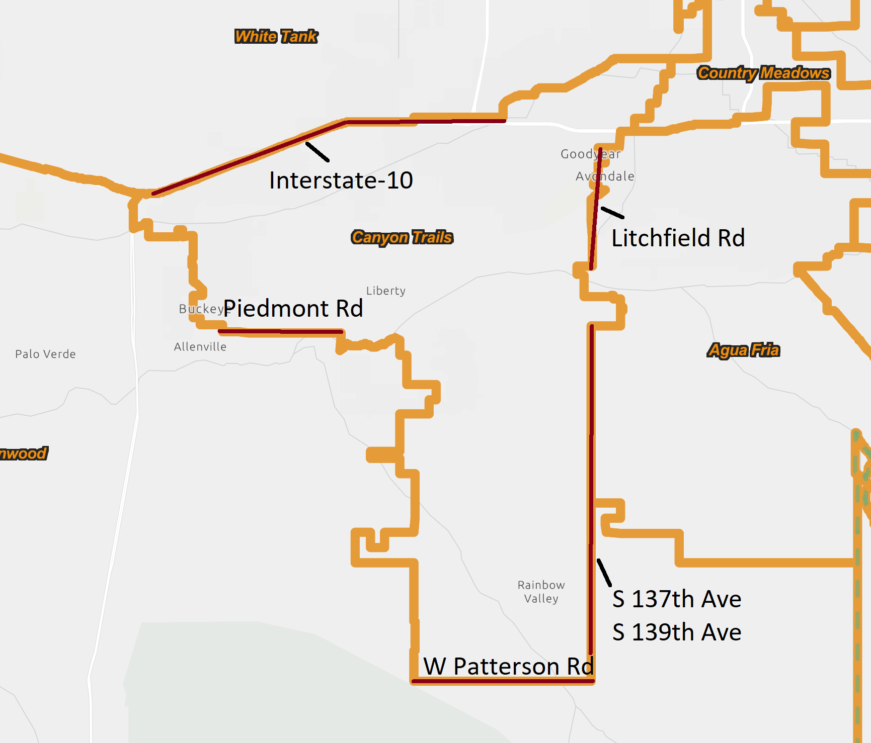 Map of the Canyon Trails Justice Precinct boundary (outlined in orange) relative to surrounding areas including White Tank, Buckeye, Liberty, Goodyear, Avondale, and Rainbow Valley, with nearby legislative districts LD 22, LD 23, LD 25, and LD 29 shown for reference.