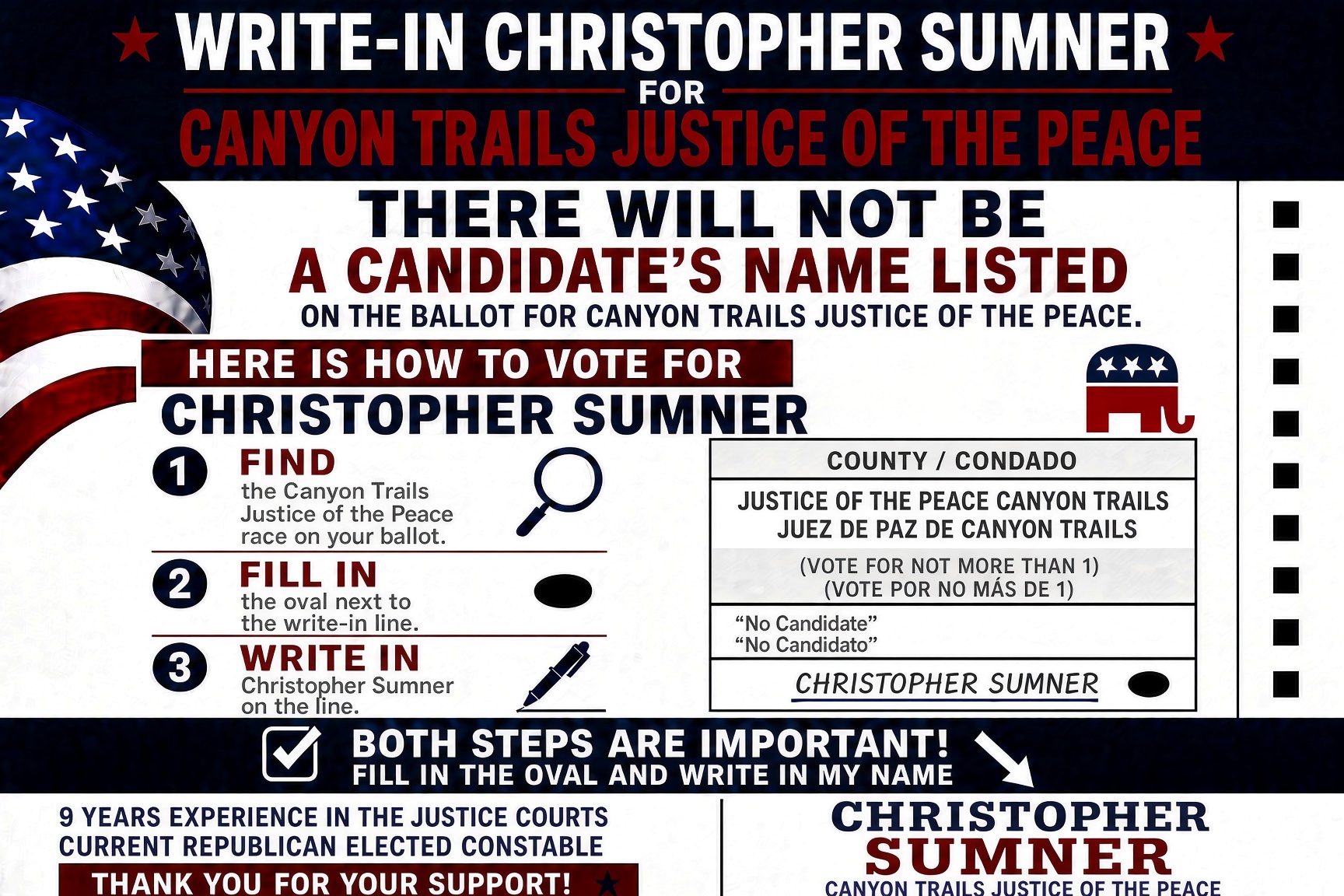 Write-in Christopher Sumner for Canyon Trails Justice of the Peace &mdash; step-by-step flyer showing how to find the race, fill in the oval, and write his name on the line.